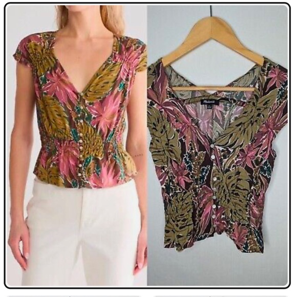 NWOT Madewell Shirred Cap-Sleeve Top in Brushstroke Monstera - Medium - Picture 2 of 6
